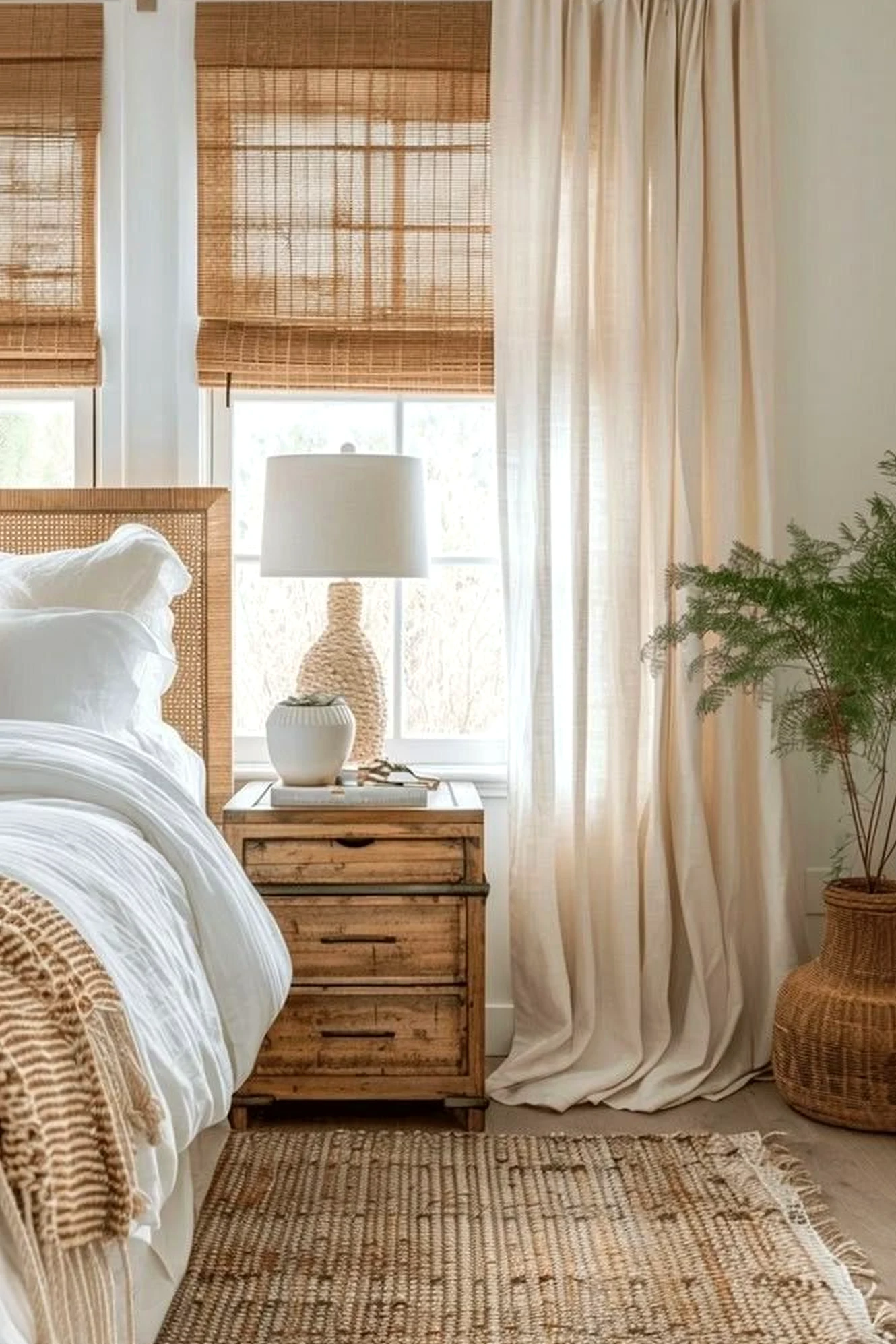 Quiet bedside layer draws attention to light while the sitting area stays pleasantly composed.