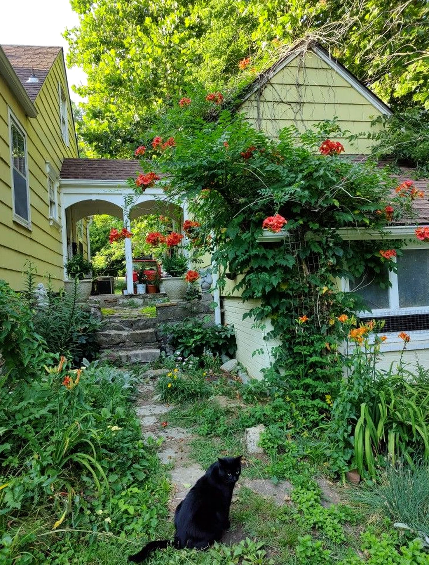 Leafy stair landing brings a useful note of texture, making the arrangement feel pleasantly composed.
