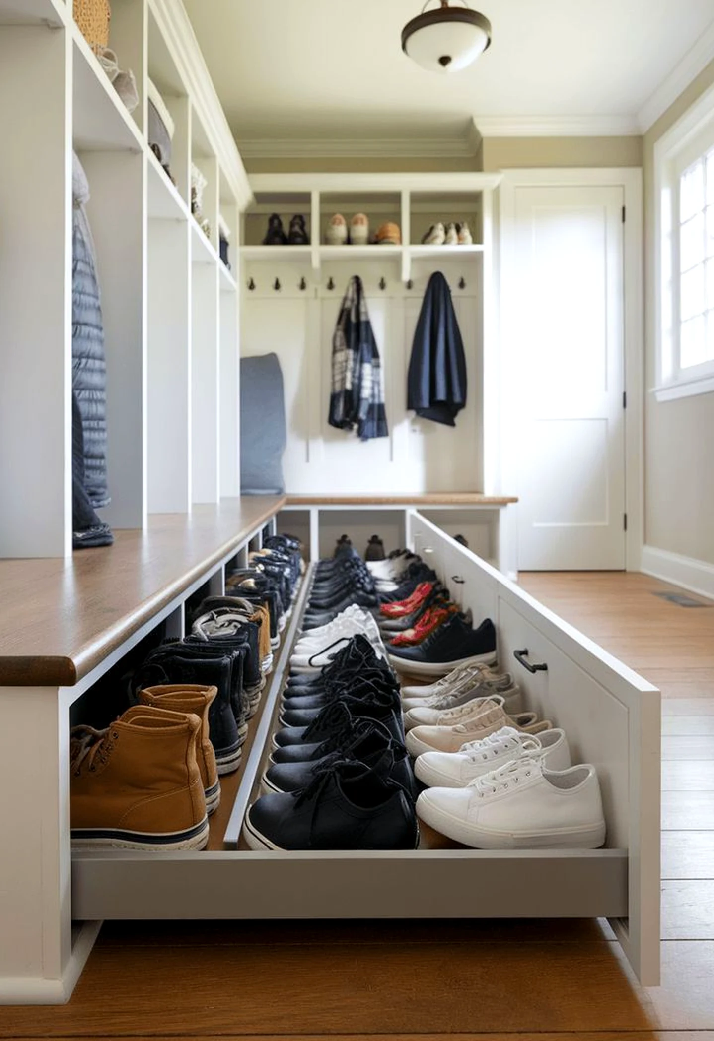 Warm cabinet wall brings character to the backdrop, creating a mood that feels comfortable in daily use.