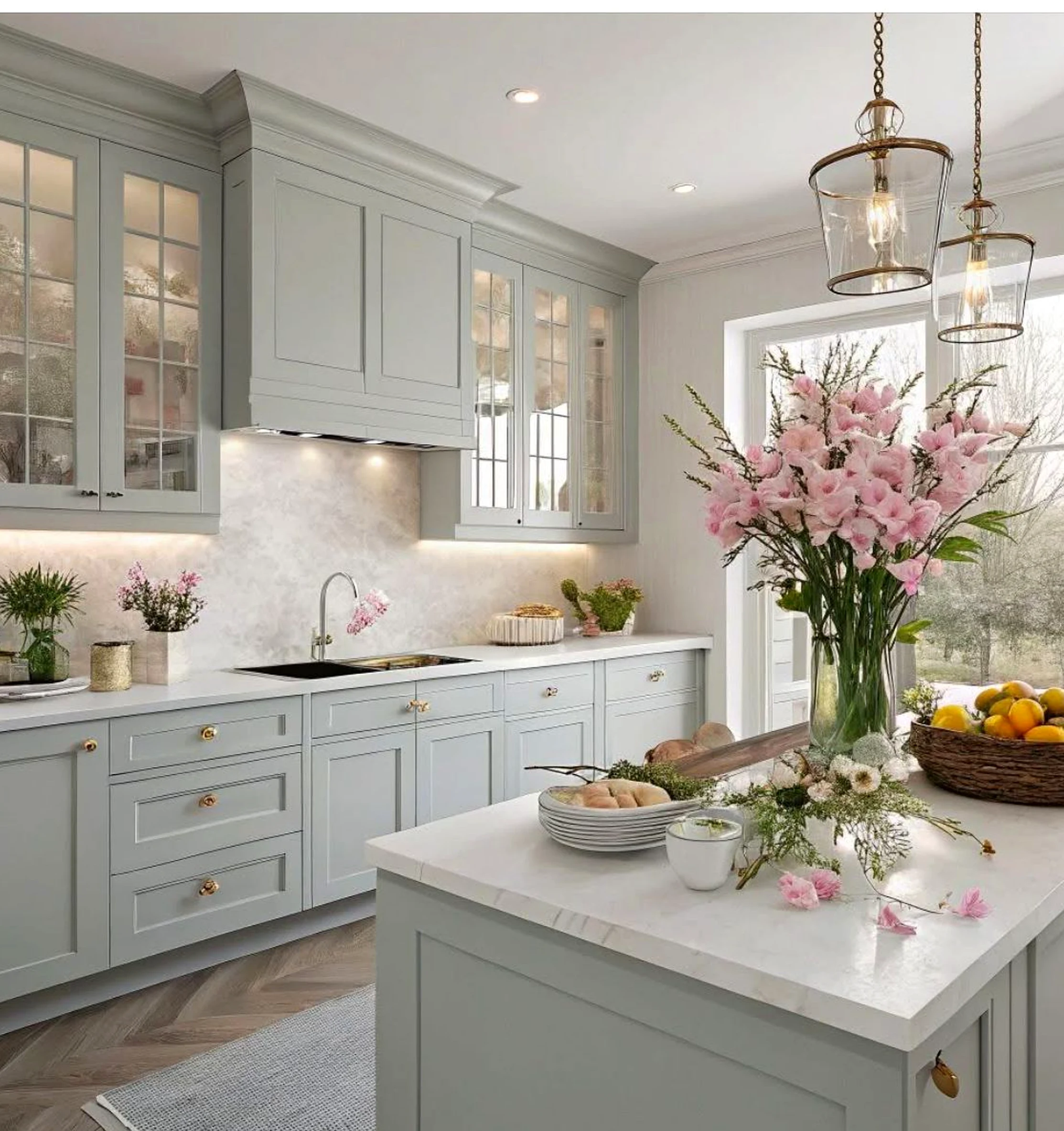 Graceful floor pattern frames the arrangement with freshness, making the scene feel easy to enjoy.