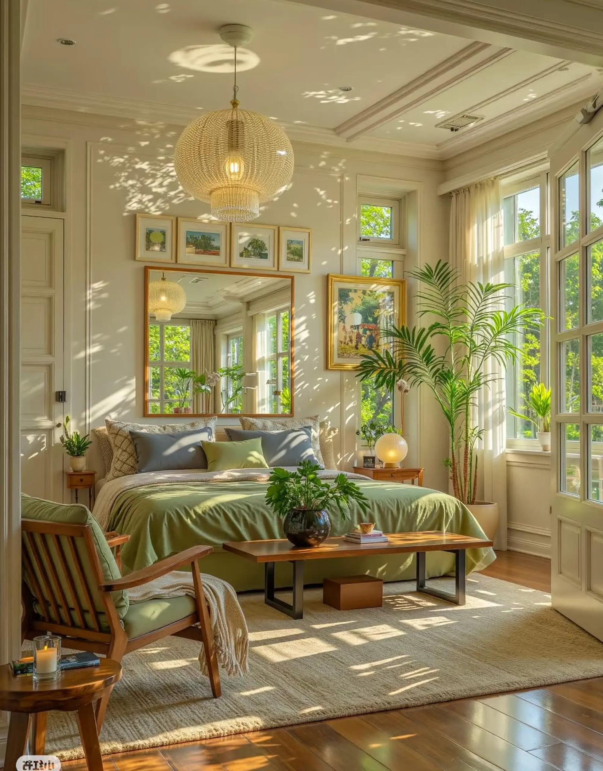 Leafy stair landing brings a useful note of softness, making the room feel ready for quiet use.