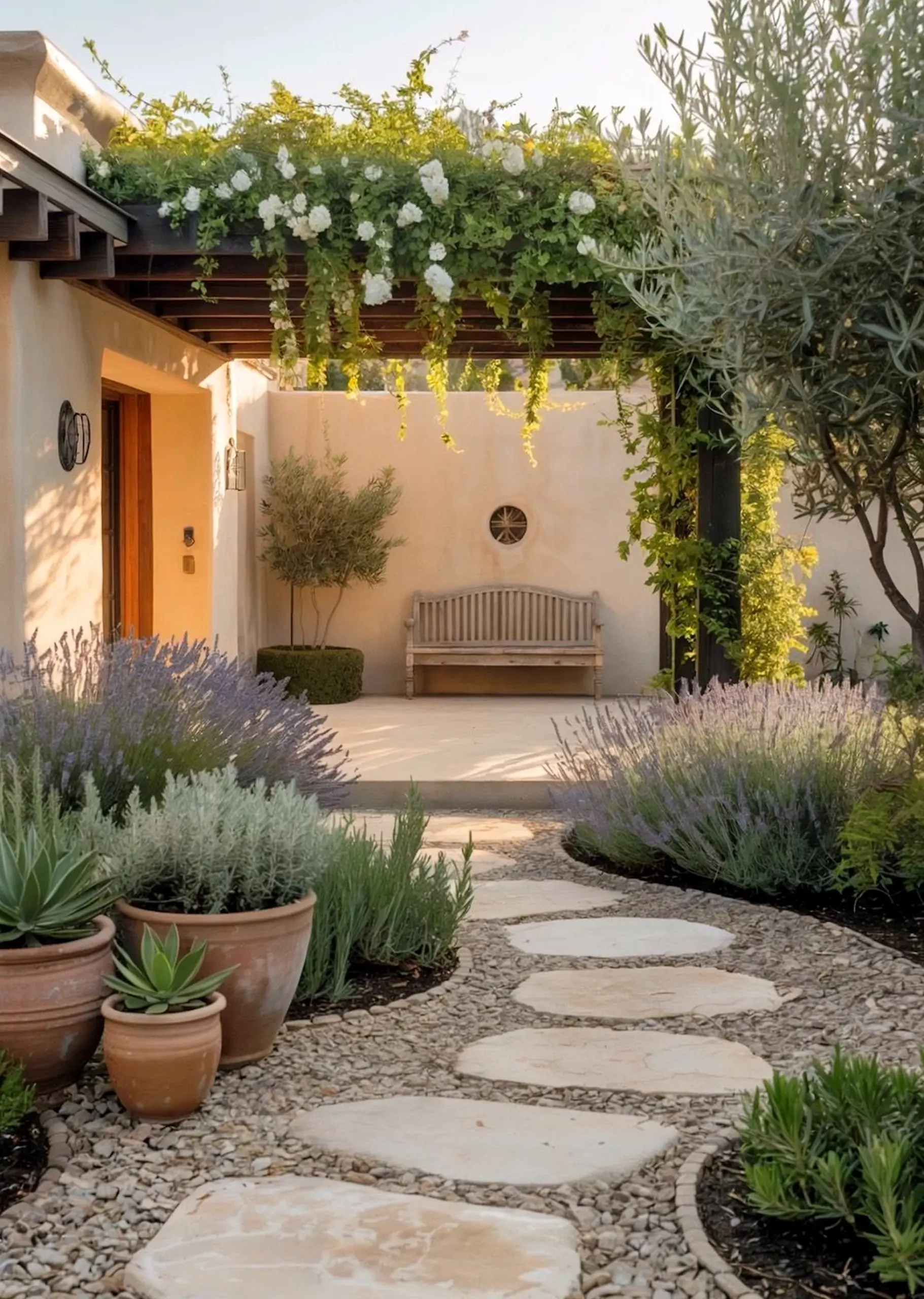 Fresh green entry adds a clear layer of balance, helping the outdoor space feel soft at the edges.