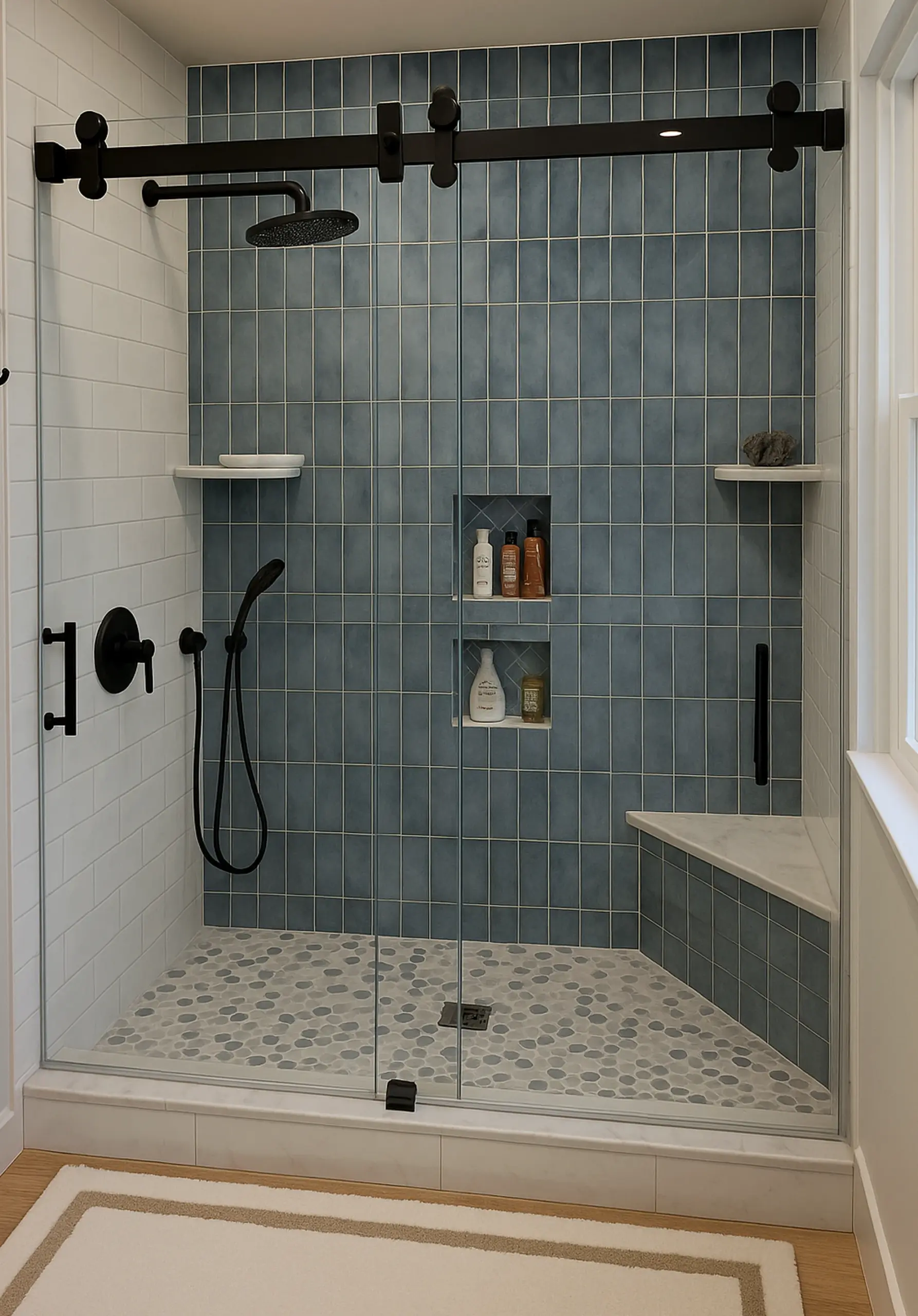Soft shower wall adds clarity across the corner, giving the decor a finish that feels ready for quiet use.