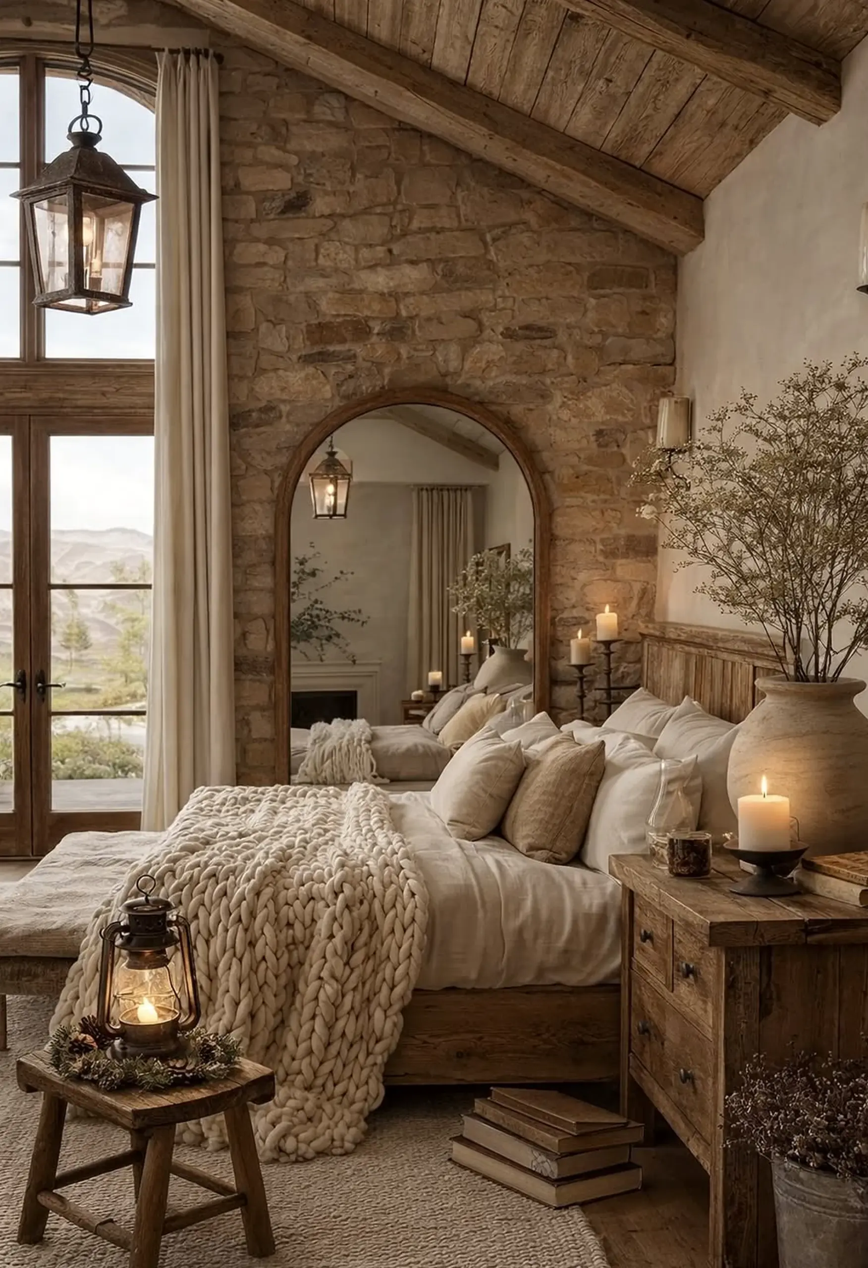 Tactile ceiling detail anchors the wall with rhythm, giving the view a mood that feels ready for quiet use.