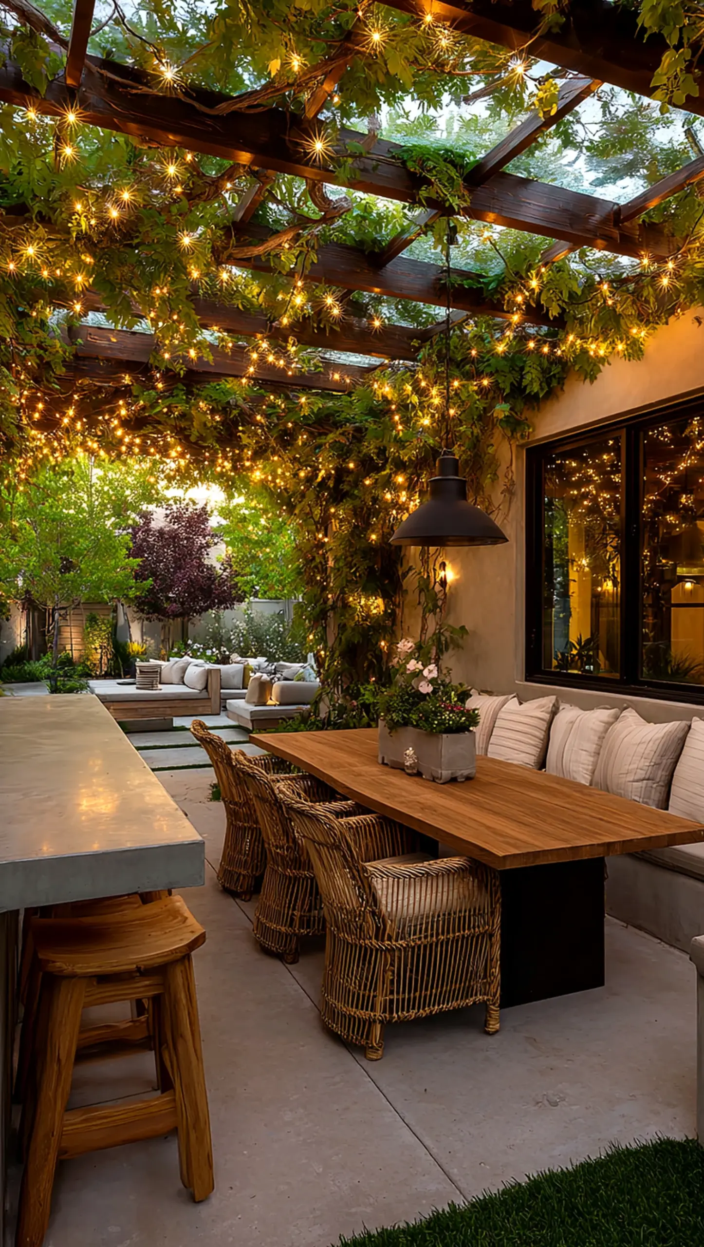 Soft plant shelf frames the garden edge with shape, making the scene feel warm without clutter.