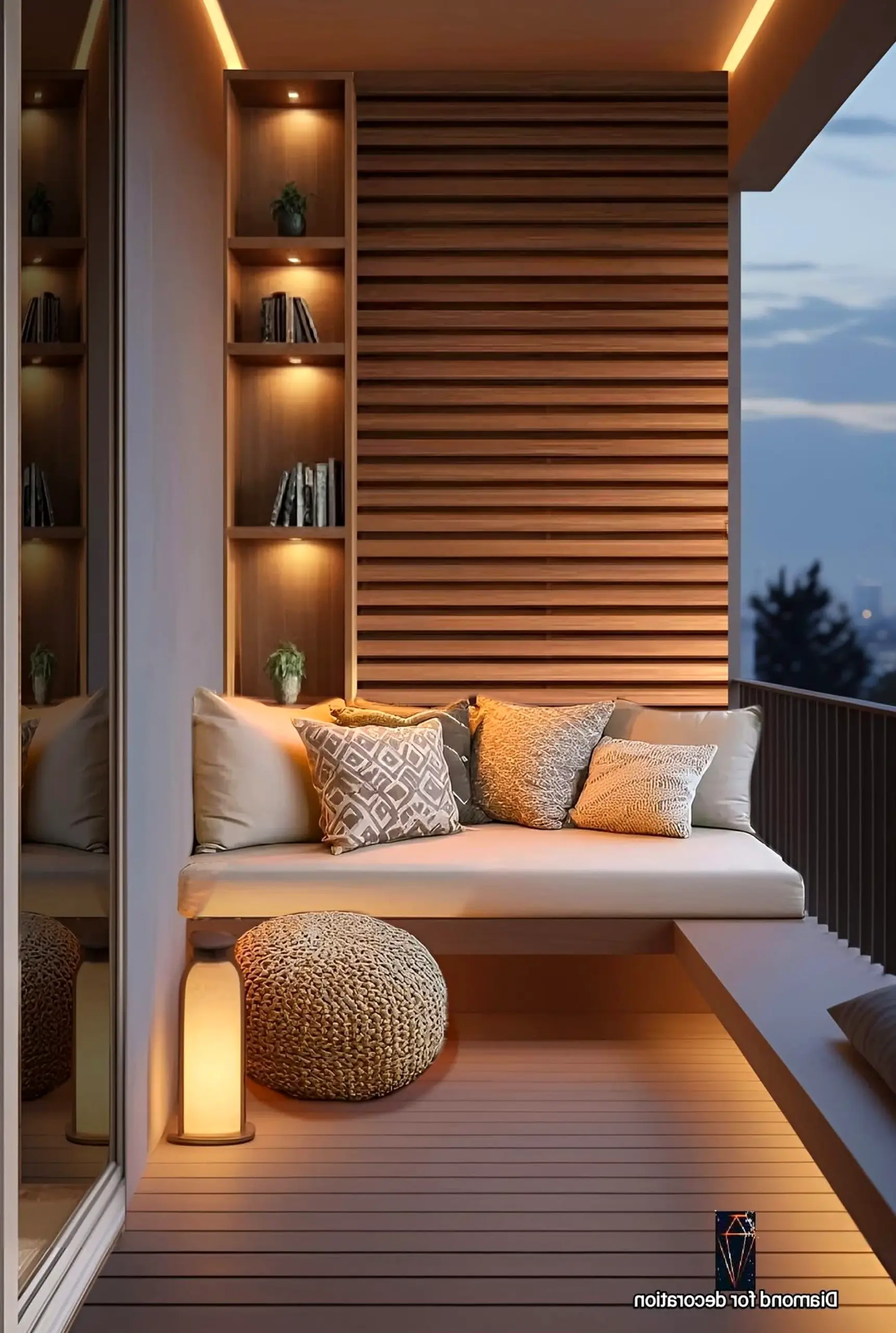 Subtle porch bench adds a clear layer of rhythm, helping the sitting area feel soft at the edges.