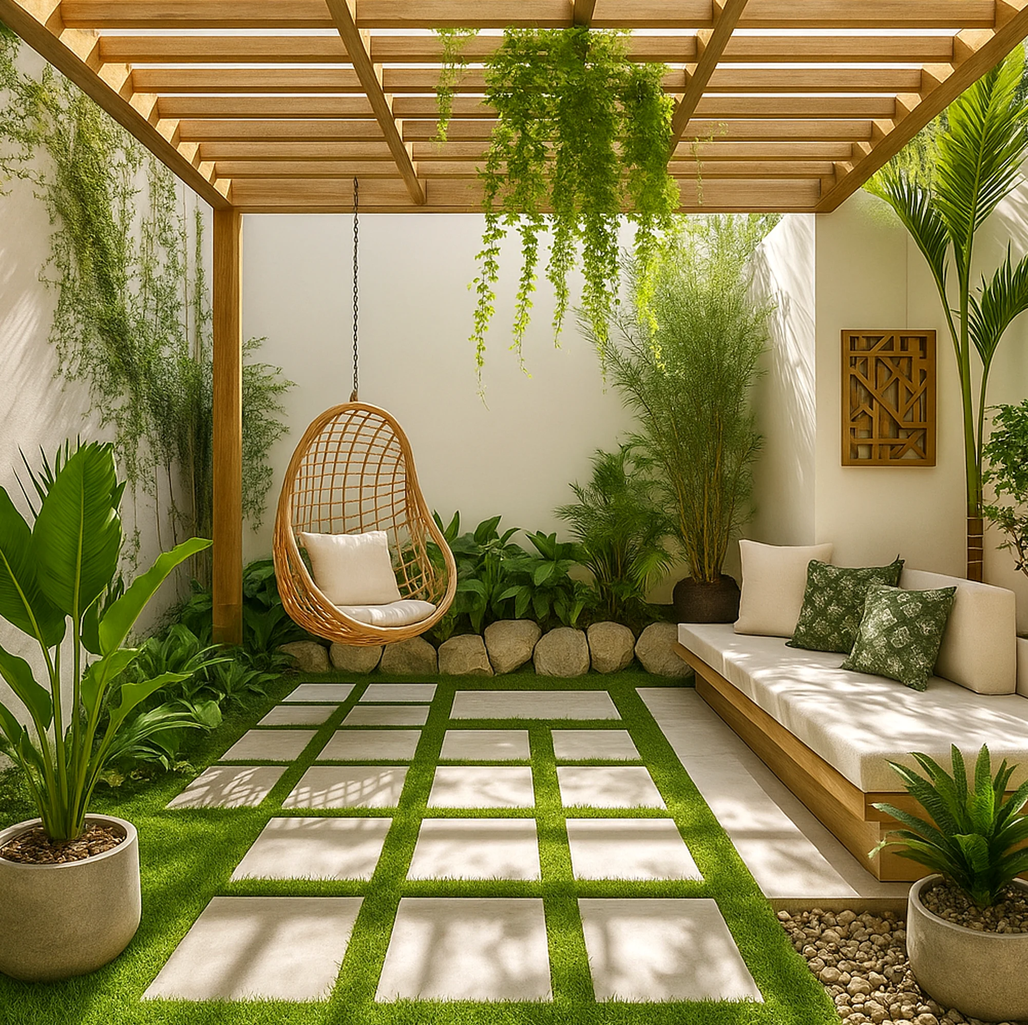 Airy wood shelving supports the garden edge through contrast, leaving the space feeling ready for quiet use.