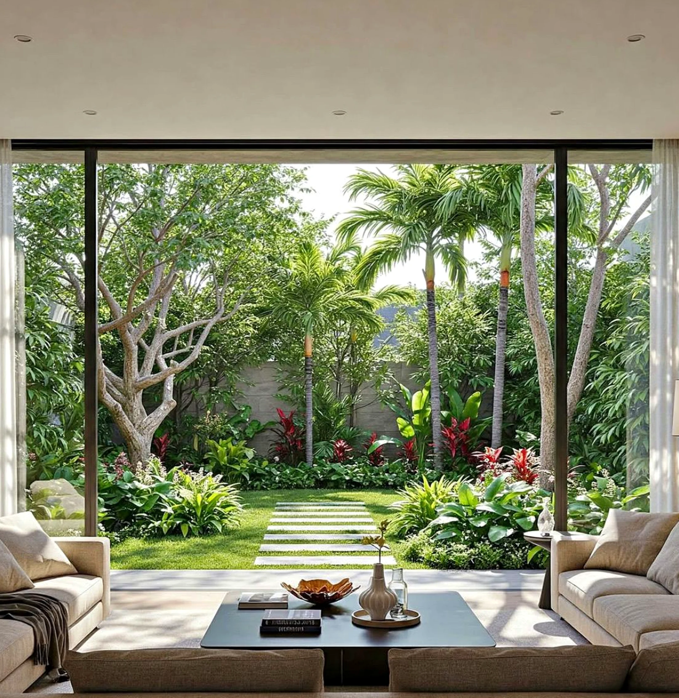 Calm stone terrace introduces warmth into the composition, keeping the atmosphere easy to enjoy.