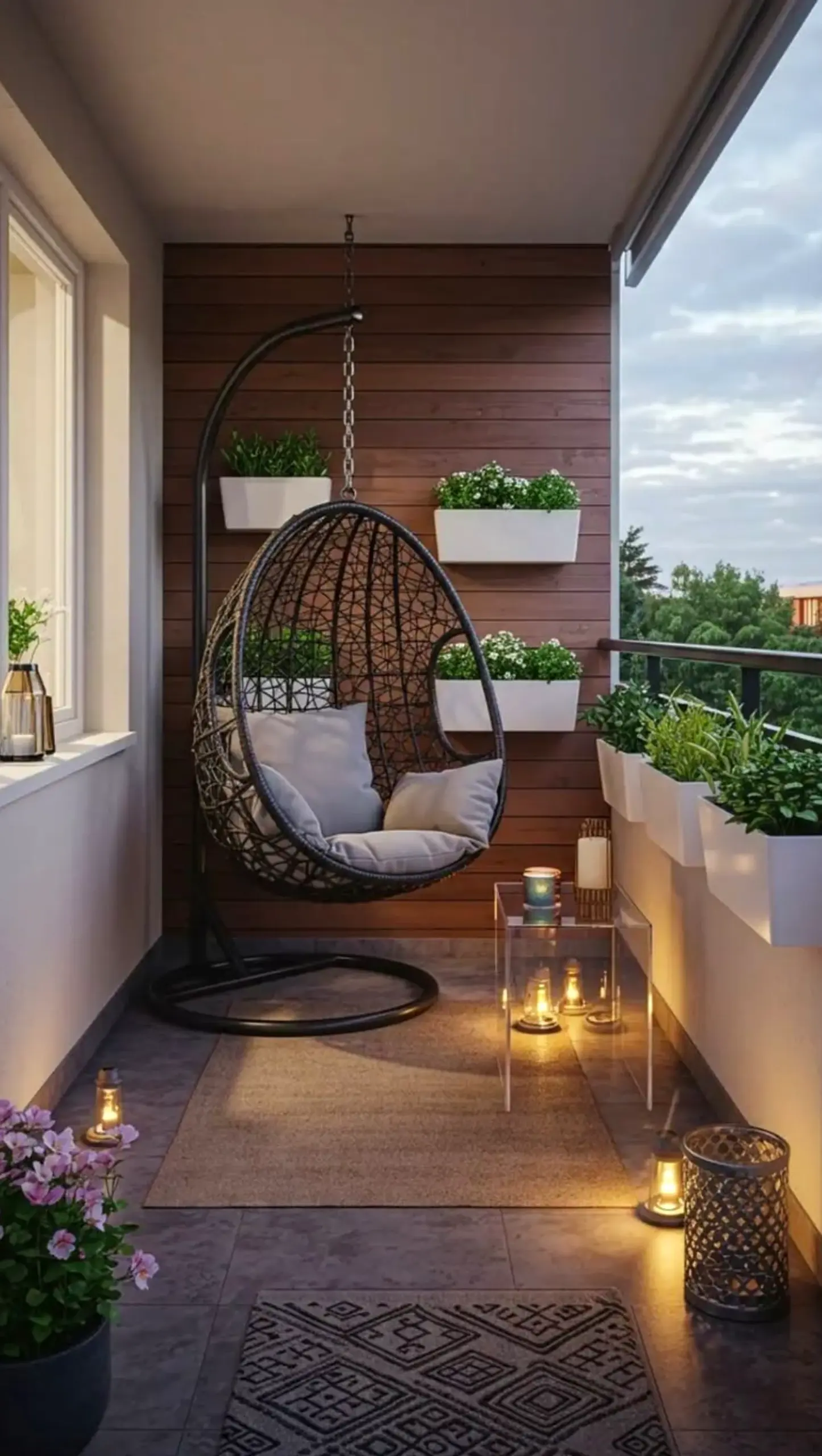 Warm terrace table anchors the entry with personality, giving the view a mood that feels visually grounded.