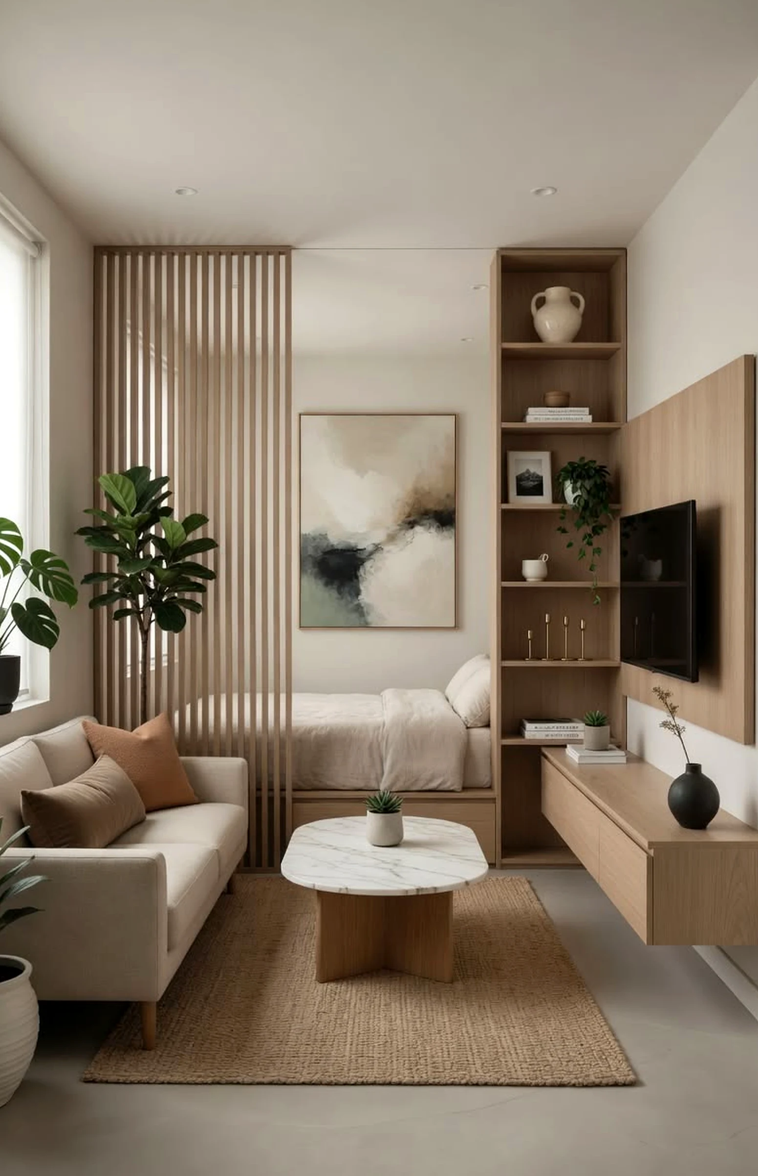 Sculptural plant shelf frames the backdrop with depth, making the scene feel bright but not busy.