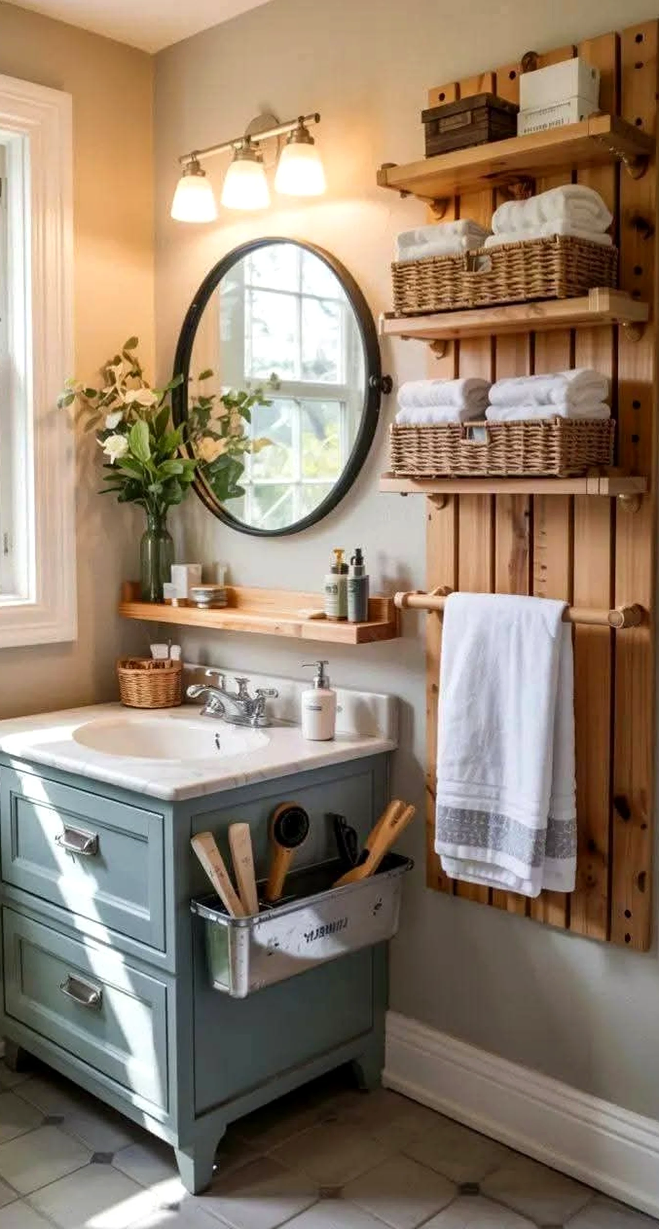 Soft shower wall frames the sitting area with texture, making the scene feel simple yet expressive.