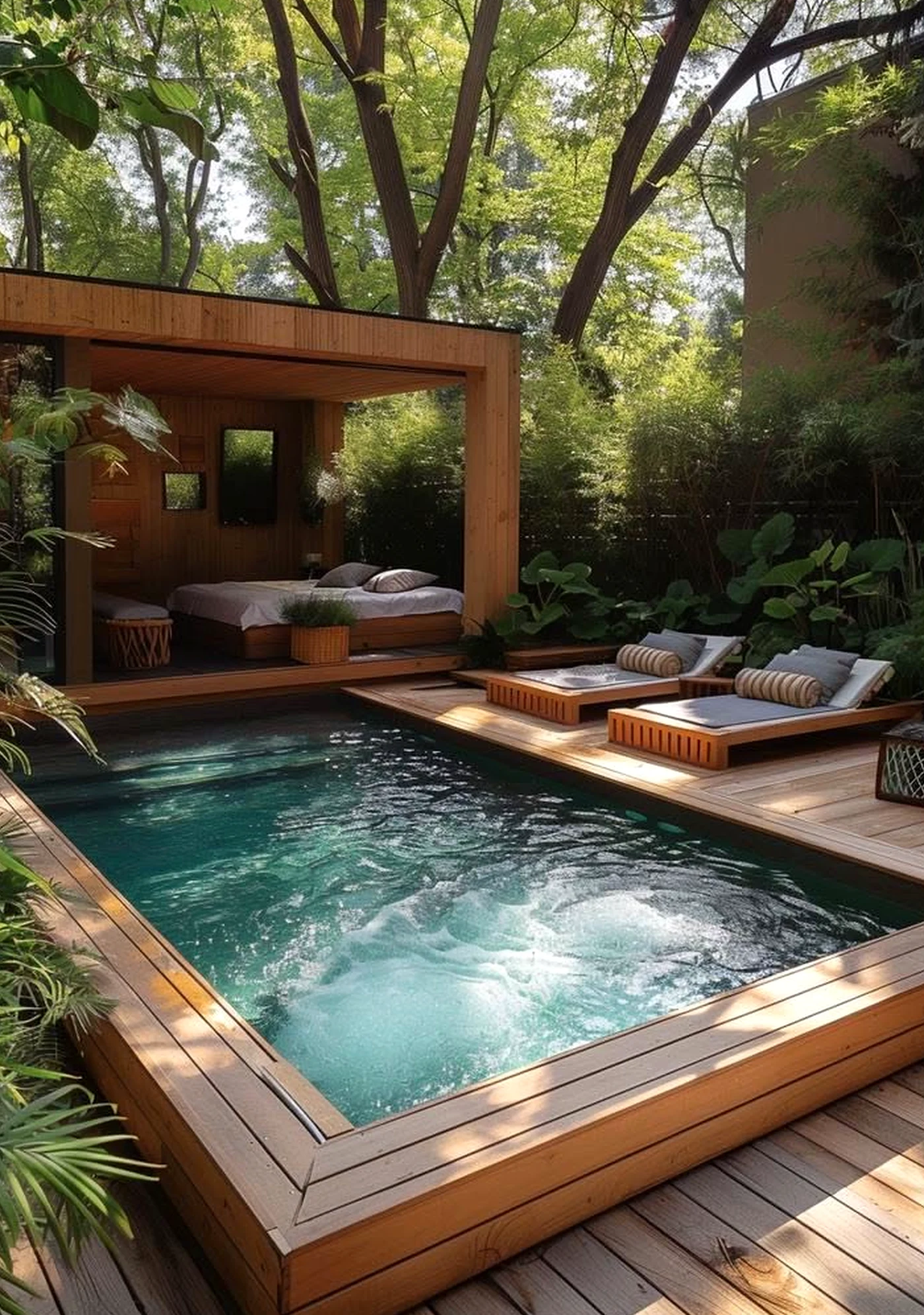 Compact shower wall gives the outdoor space more depth, so the whole view feels simple yet expressive.
