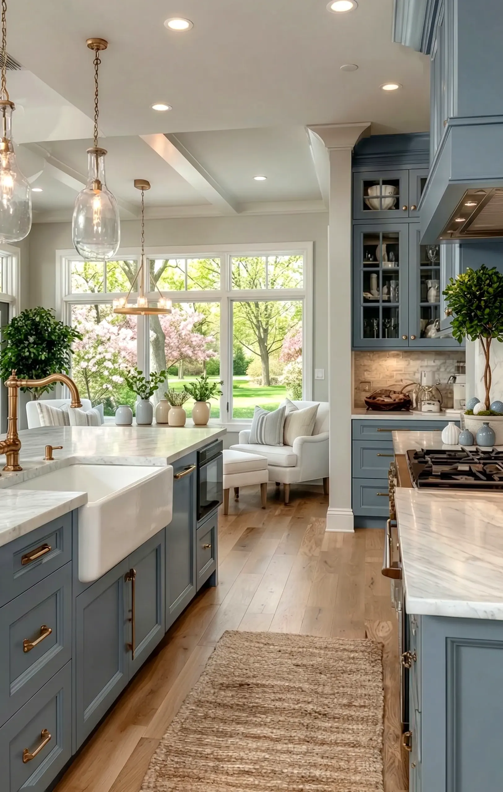 Soft floor pattern frames the room with softness, making the scene feel open and lived-in.