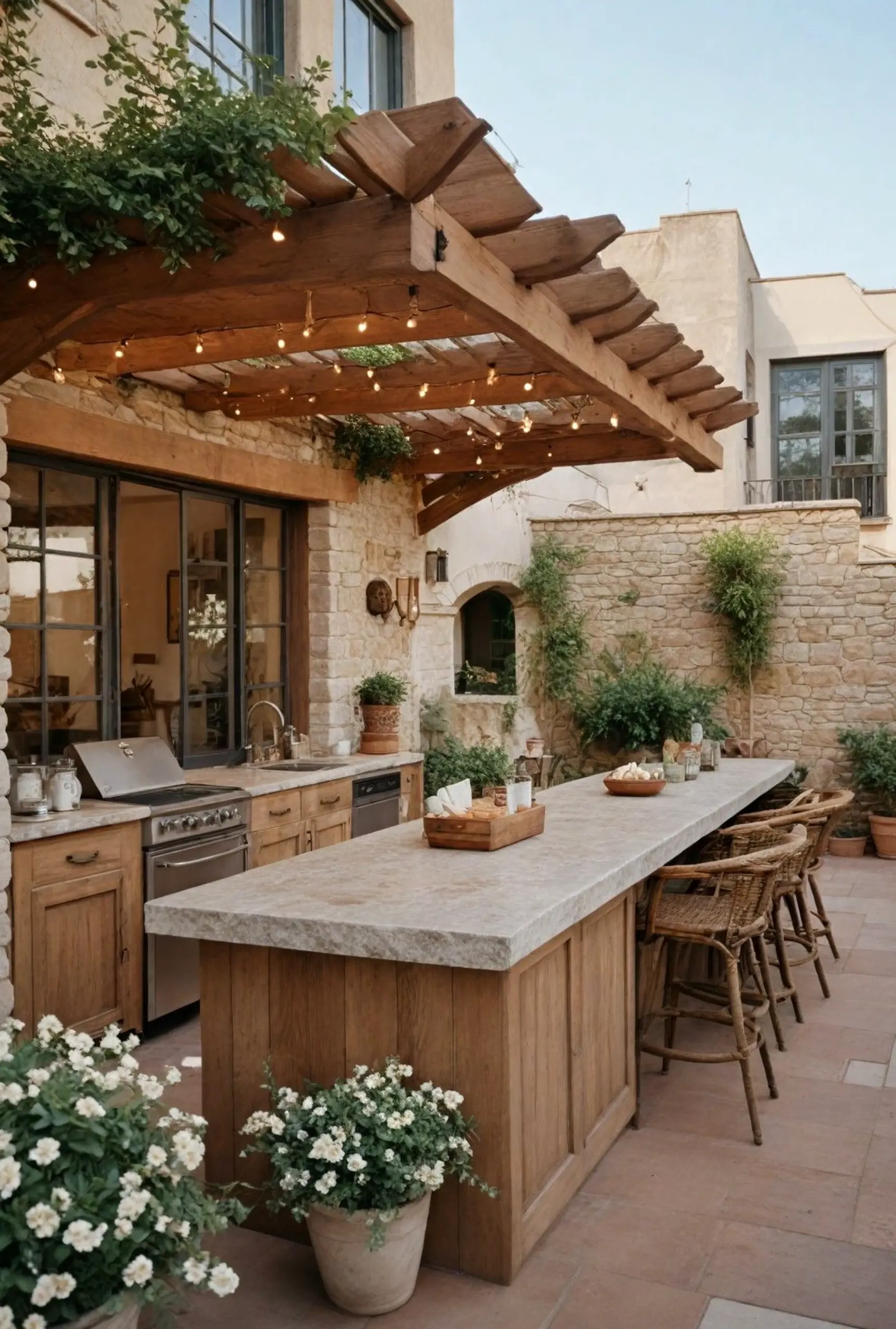 Elegant balcony scene draws attention to movement while the composition stays bright but not busy.