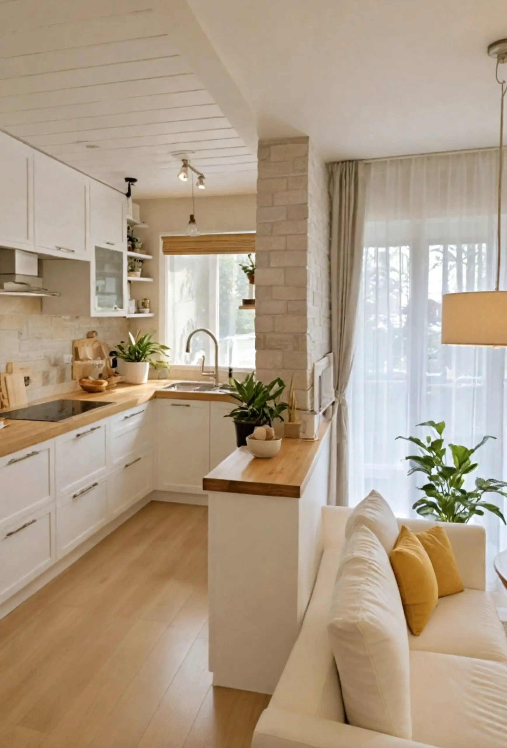 Cozy wood shelving supports the garden edge through light, leaving the space feeling warm without clutter.