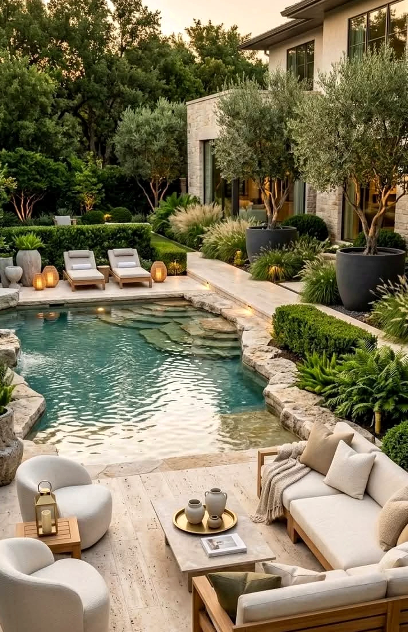Natural woven chair brings a useful note of contrast, making the outdoor space feel easy to enjoy.