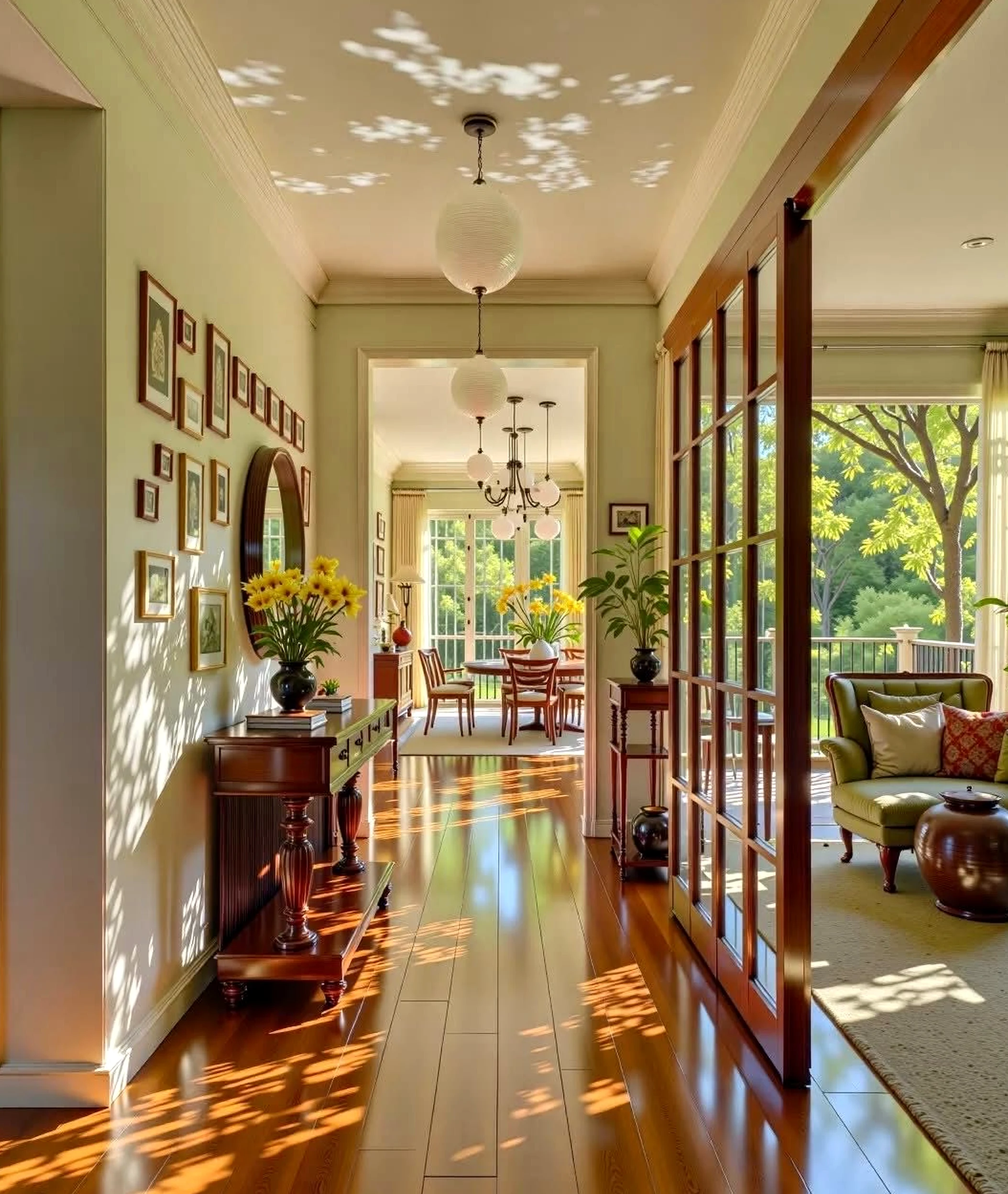 Leafy wooden deck anchors the corner with balance, giving the view a mood that feels personal and relaxed.