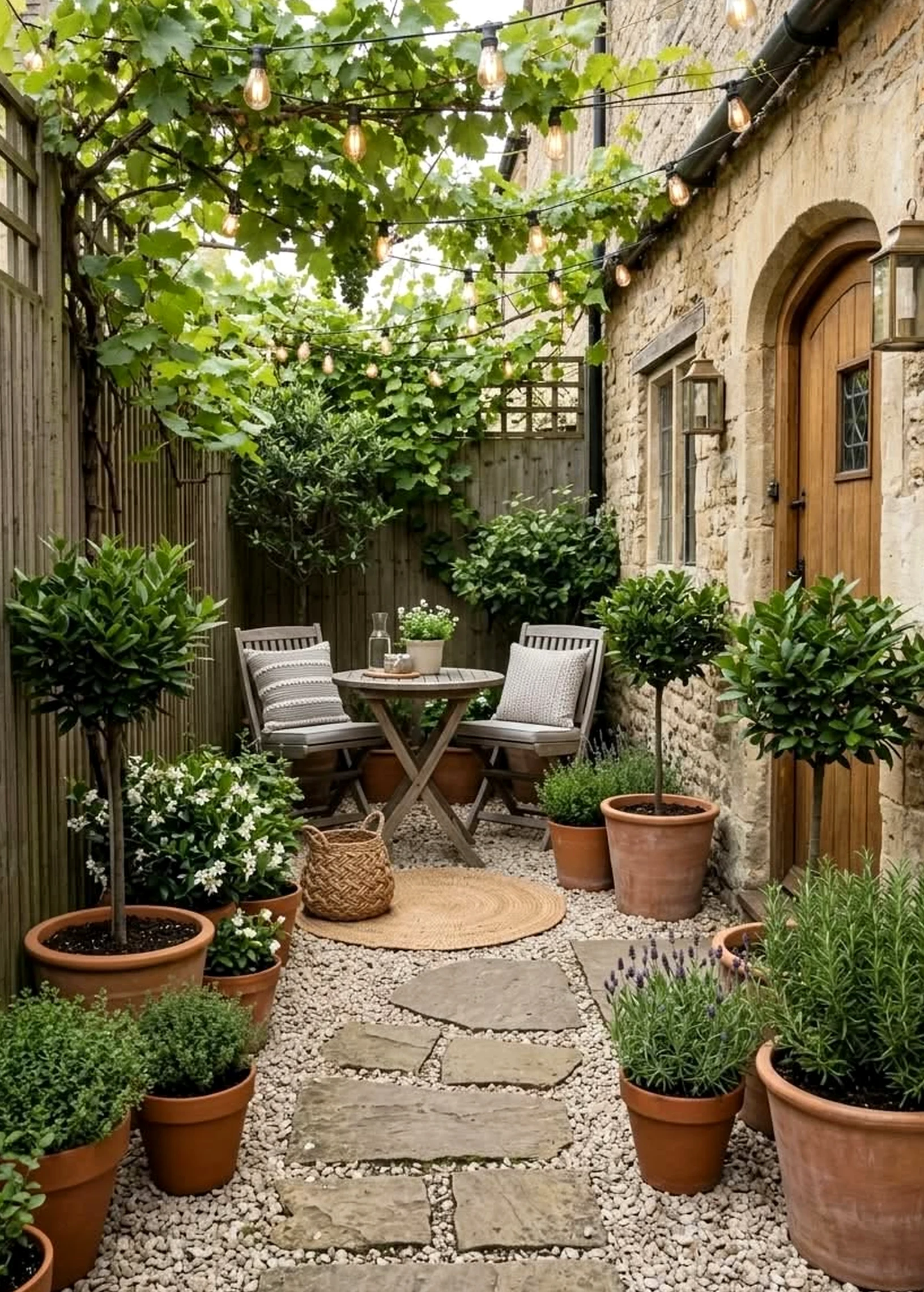 Colorful courtyard view brings ease to the design, creating a mood that feels fresh and intentional.