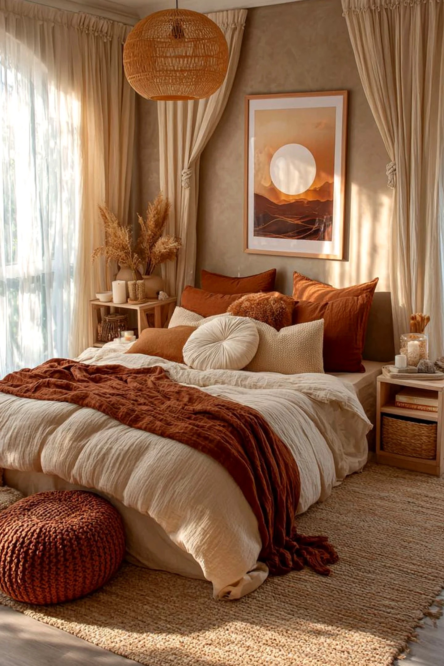 Cozy floral bed draws attention to warmth while the entry stays simple yet expressive.