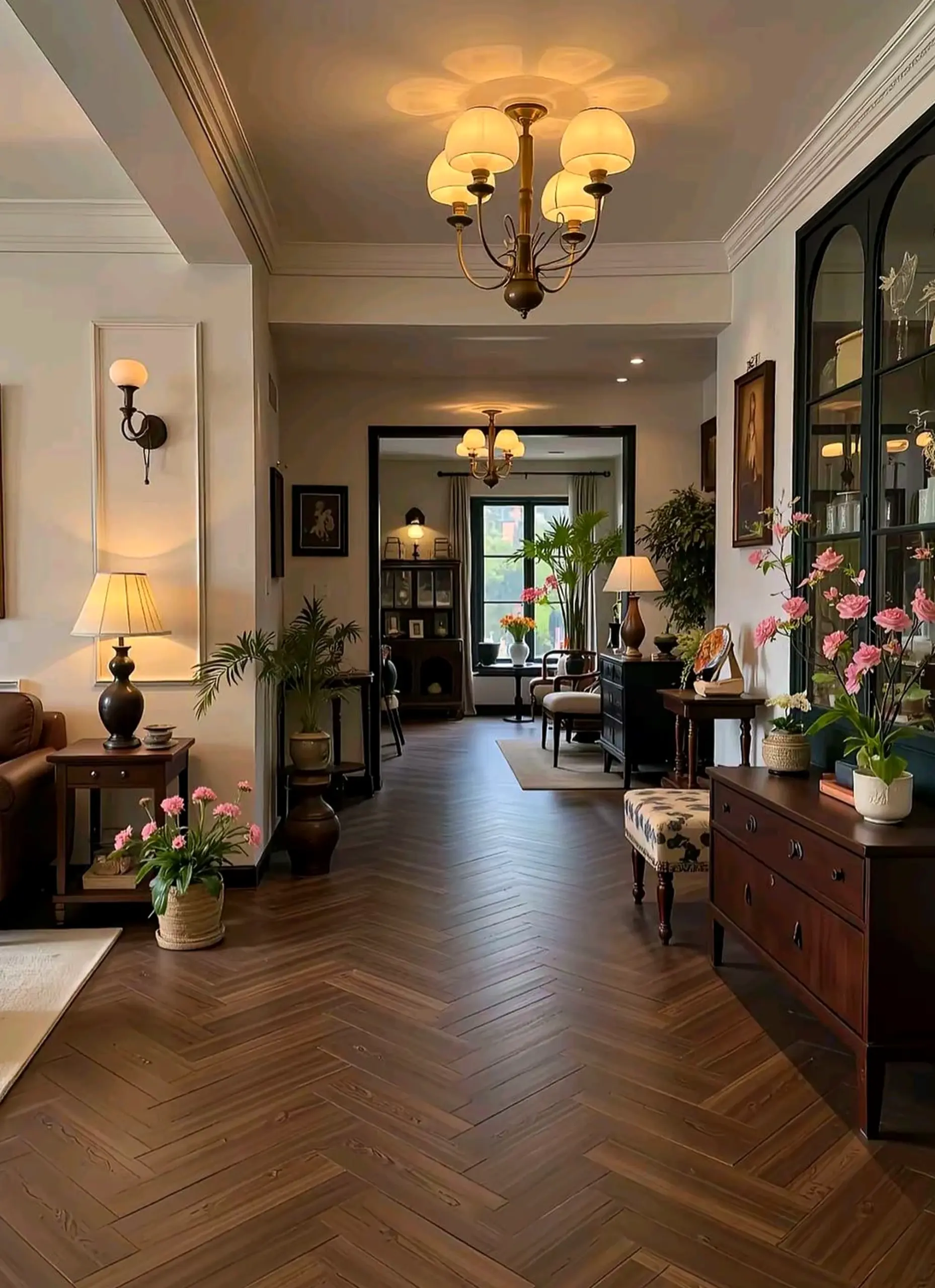Airy terrace table draws attention to movement while the entry stays warm without clutter.