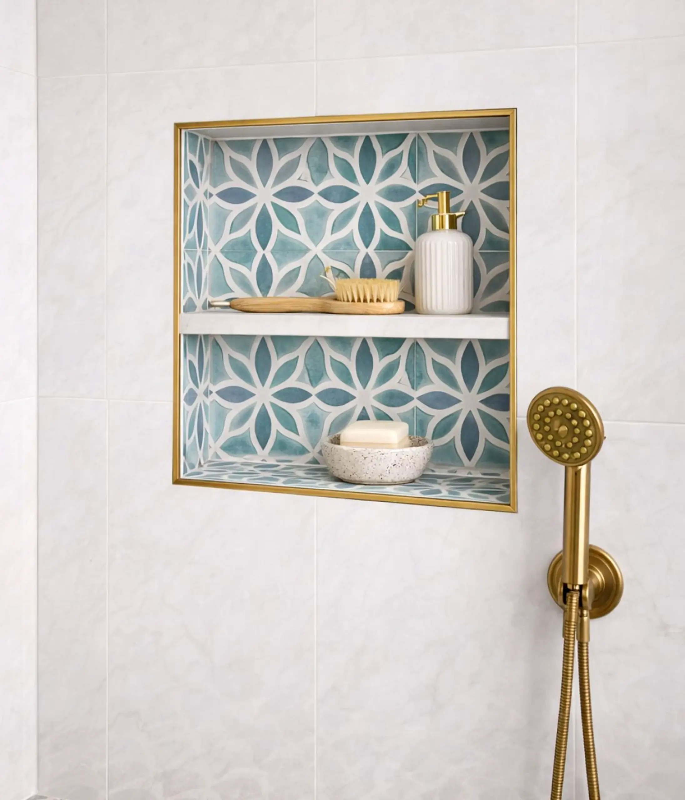 Balanced sunlit room frames the garden edge with shape, making the scene feel soft at the edges.