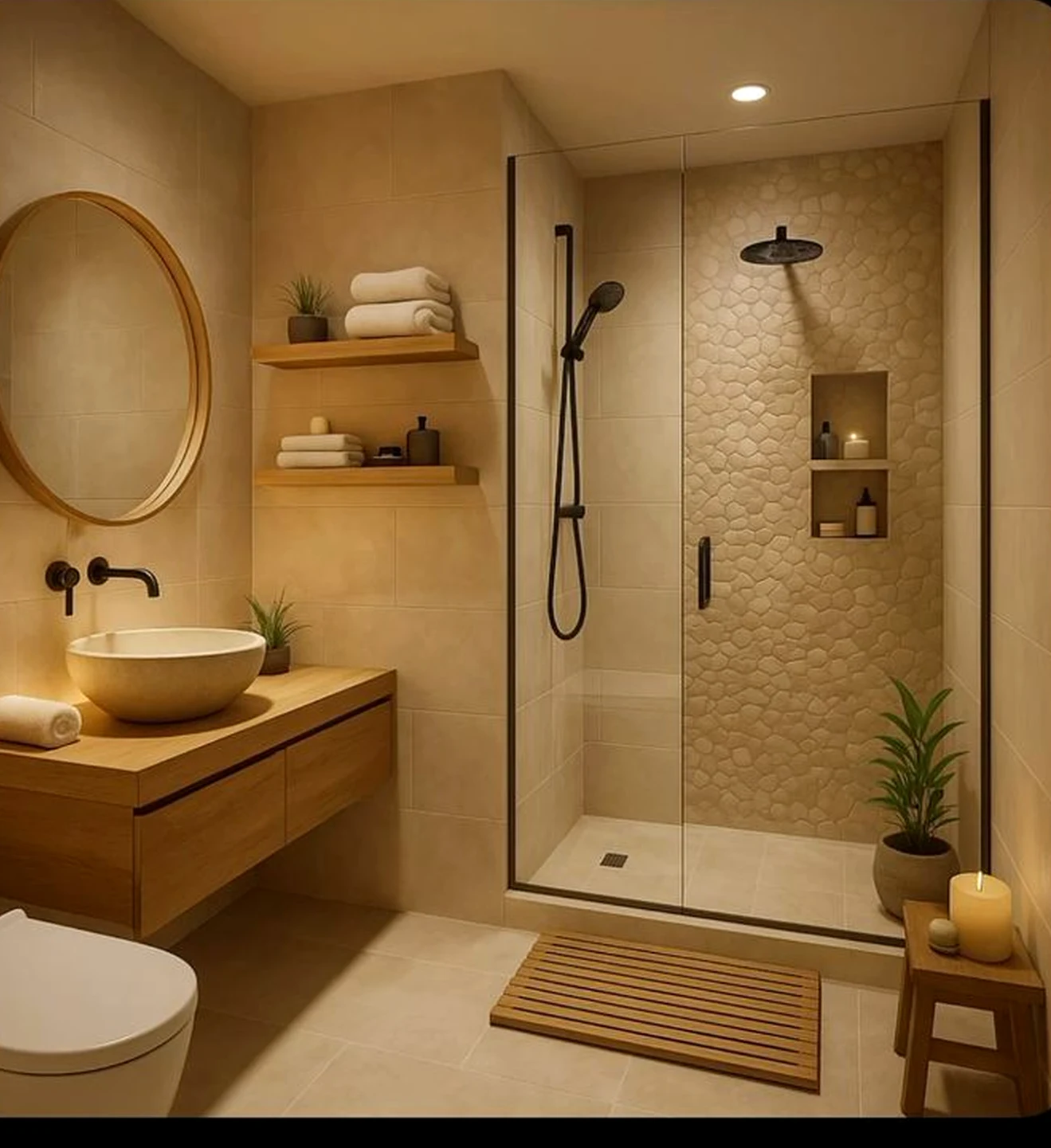 Calm bathroom vanity frames the design with order, making the scene feel ready for quiet use.