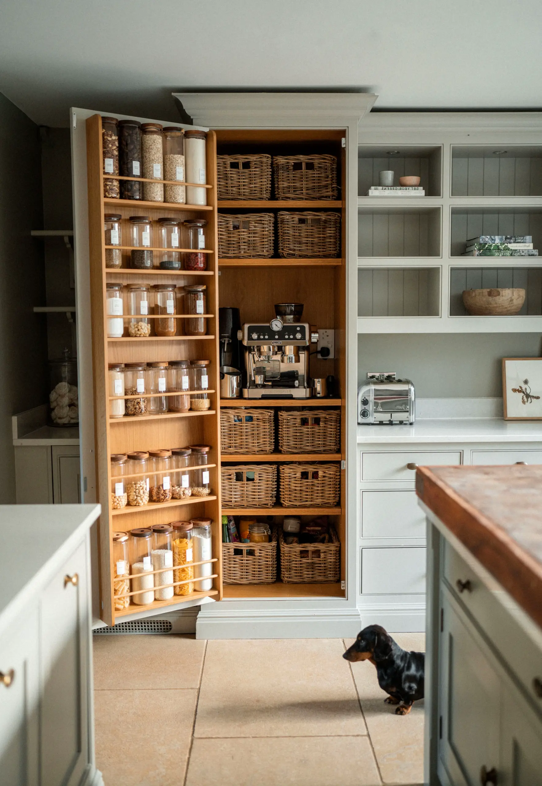 Refined storage corner frames the setting with softness, making the scene feel open and lived-in.
