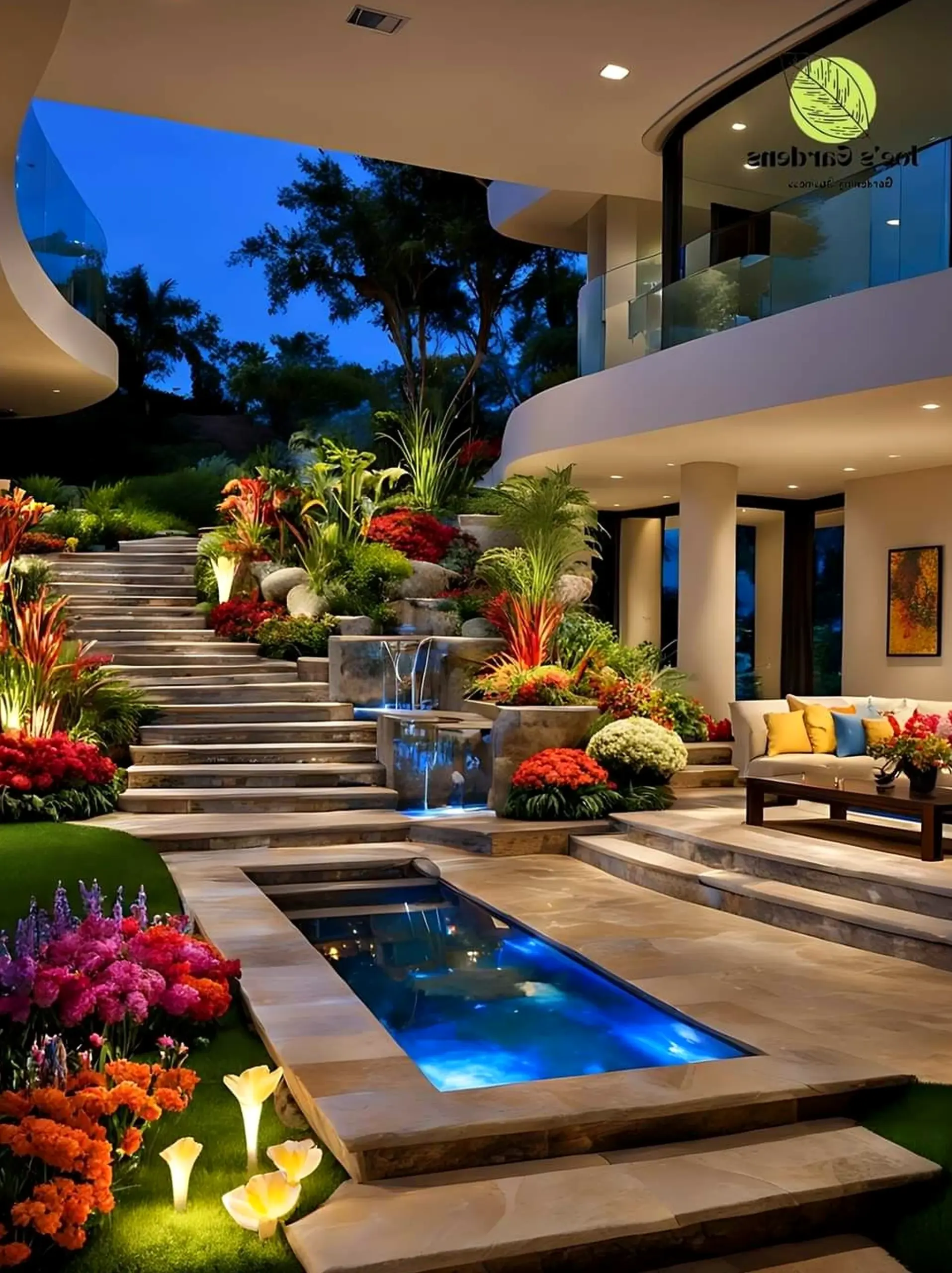 Refined courtyard view frames the view with light, making the scene feel open and lived-in.