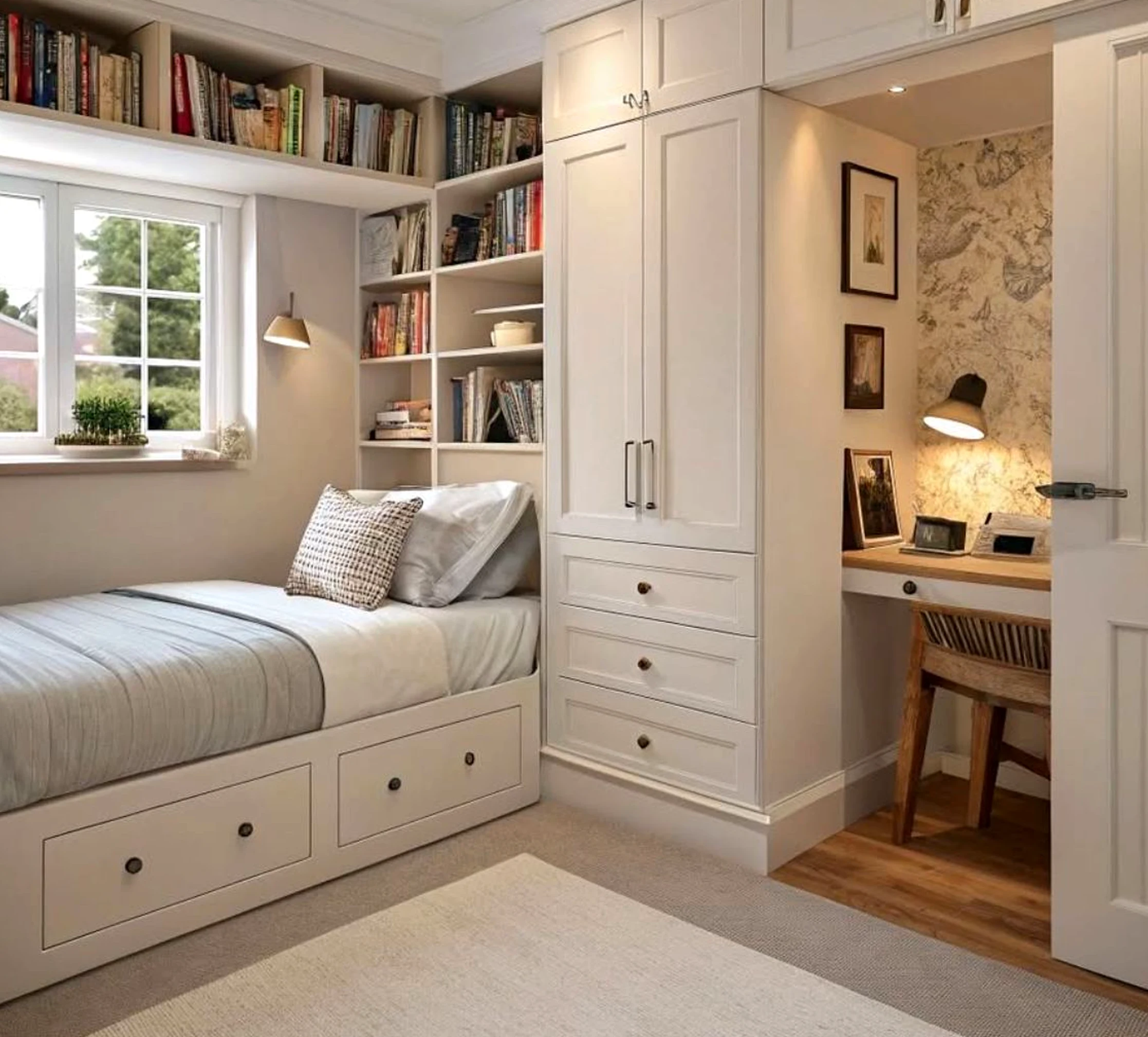 Bright woven chair brings a useful note of light, making the wall feel settled and welcoming.
