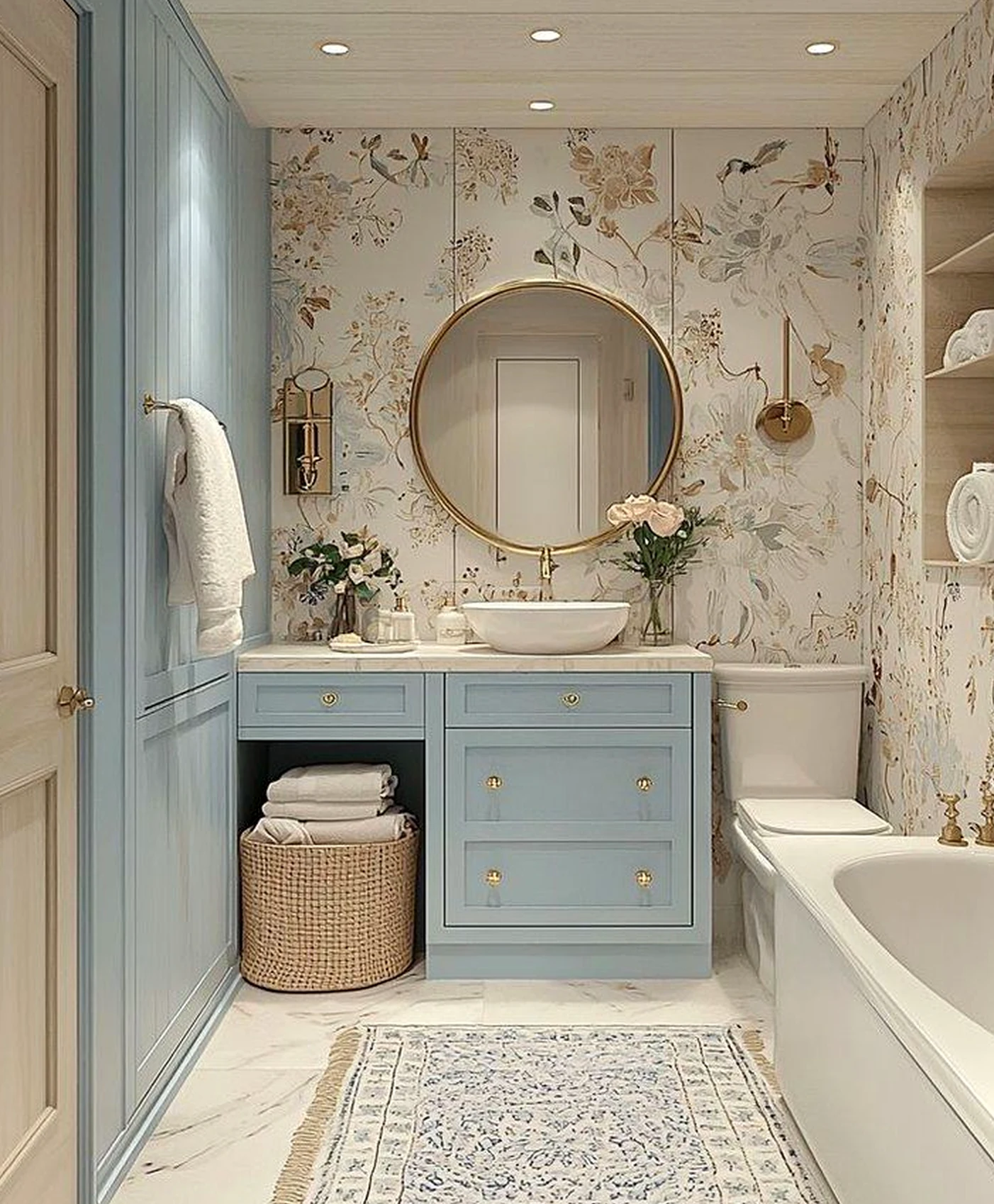 Inviting bathroom vanity brings contrast to the entry, creating a mood that feels quietly finished.