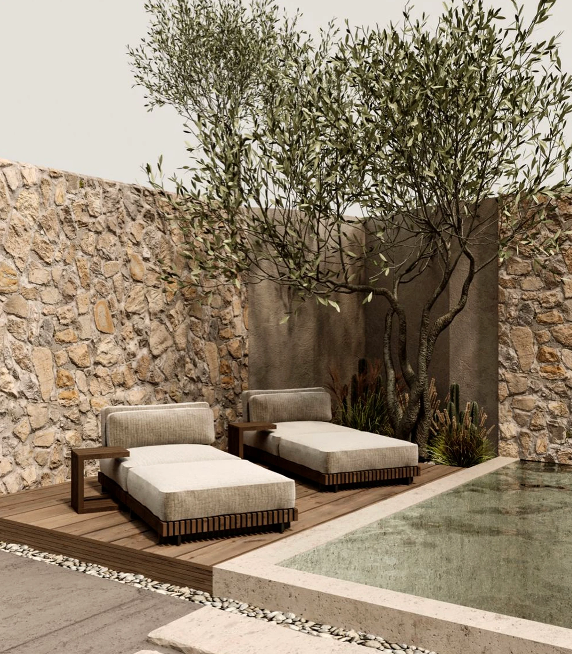 Calm courtyard view introduces balance into the garden edge, keeping the atmosphere warm without clutter.