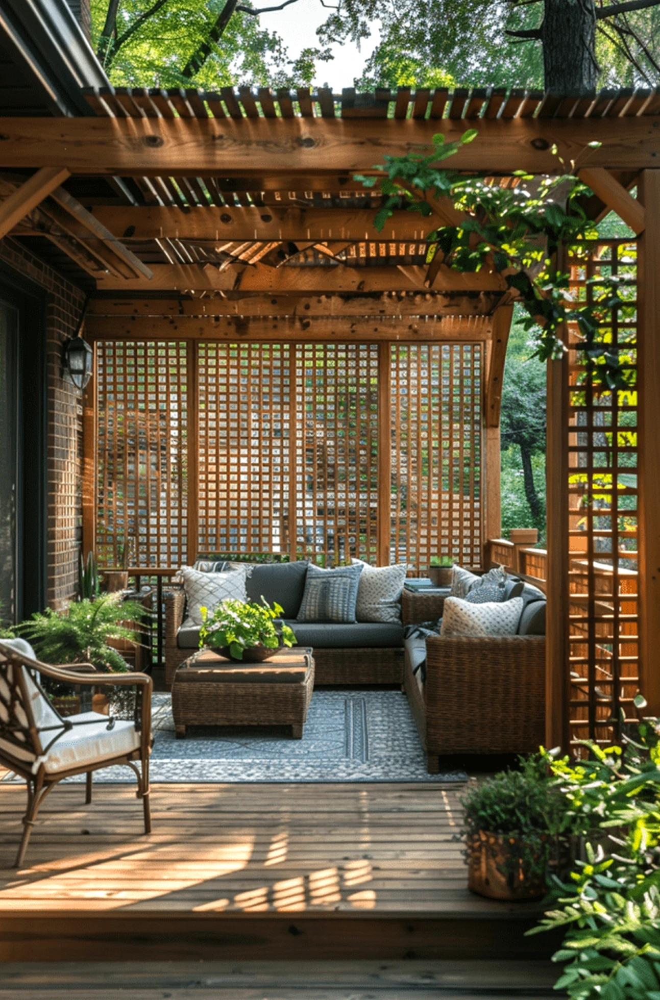 Refined stone terrace frames the room with warmth, making the scene feel fresh and intentional.